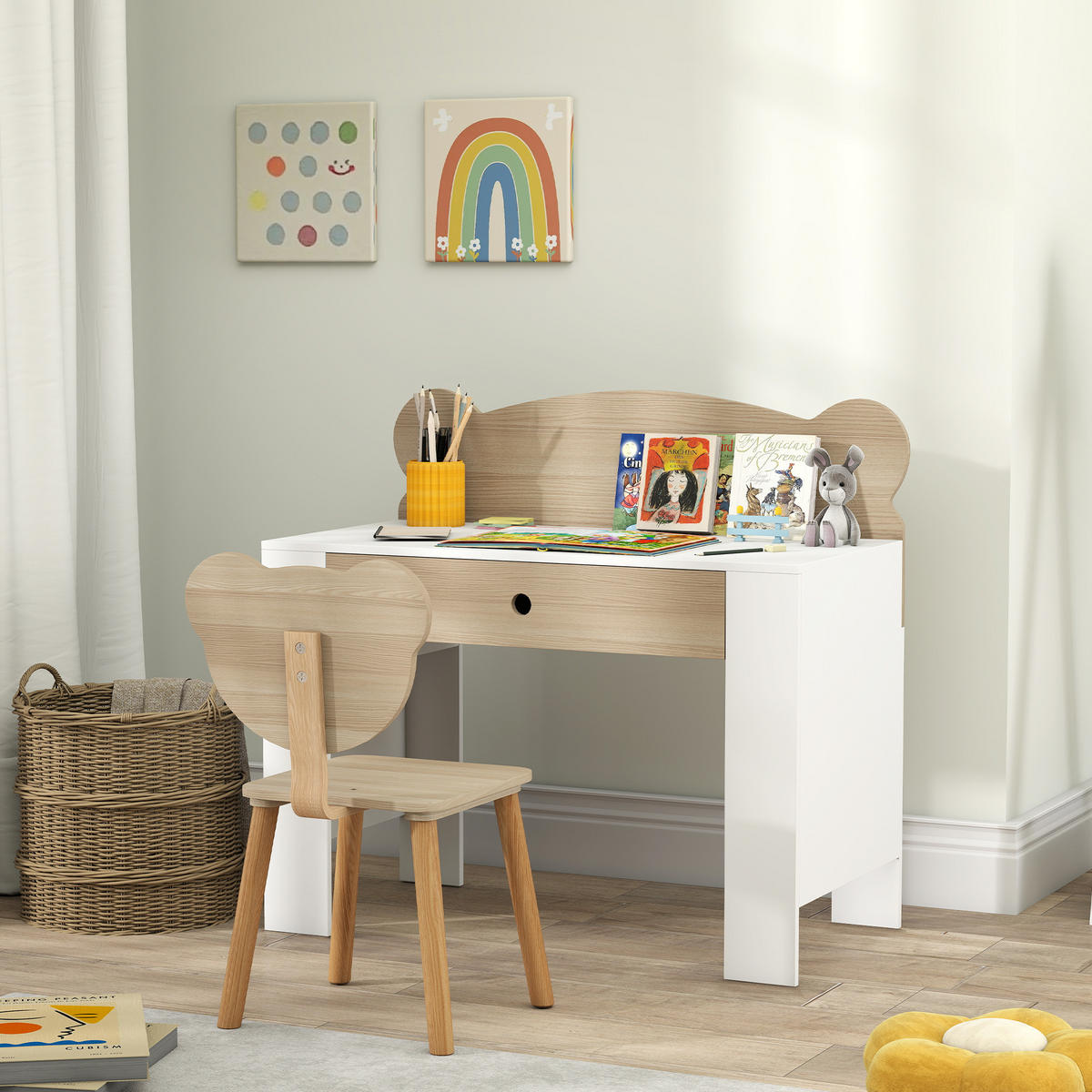 KINDERSCHREIBTISCH Set mit Tischplatte & Schublade Kinder Schreibtisch und Stuhl - Naturfarben, Holz (41/74.5/80cm) - AIYAPLAY