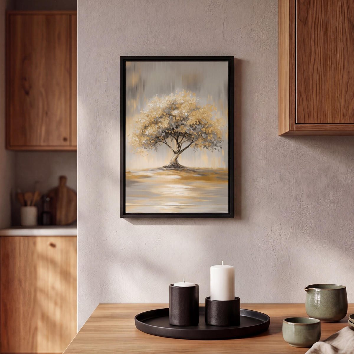 LEINWAND Bilder mit Rahmen - Gemälde - Baum - Abstrakt - Blätter - 20x30 - Beige, Textil (20/30cm) - MuchoWow