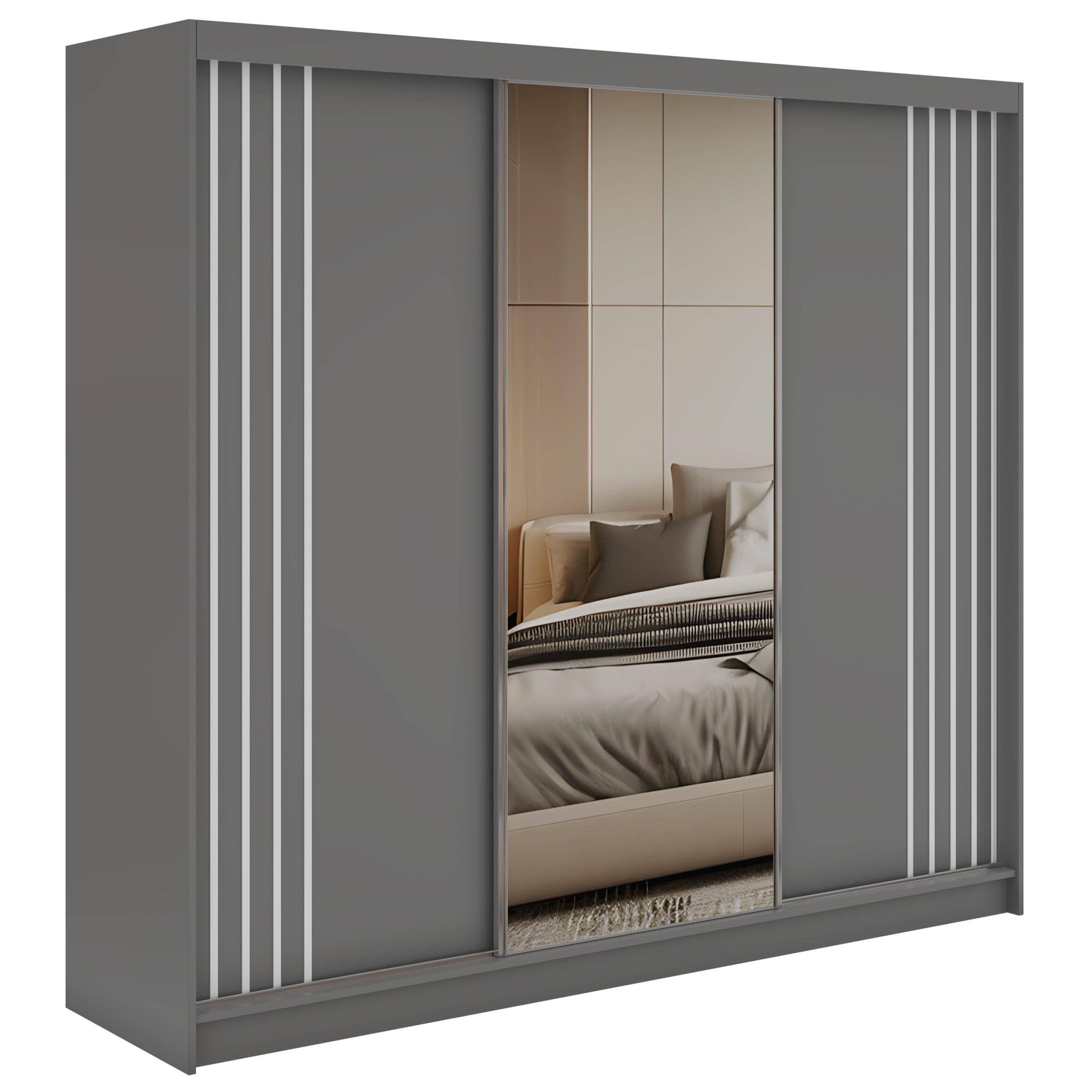 SCHWEBETÜRENSCHRANK mit Lamellen und Spiegel DIANA - 240 - Grau und Weiß - Alufarben/Weiß, Holzwerkstoff/Metall (240/216/61cm) - MKS