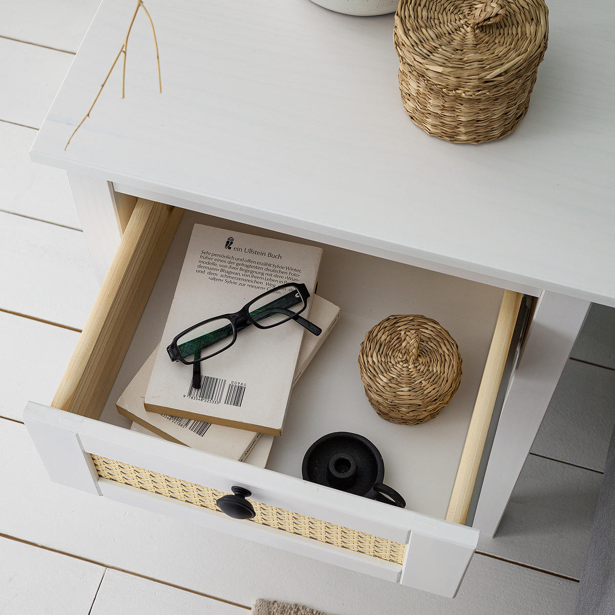 NACHTTISCH - Kiefer massiv / Wiener Geflecht - Weiß, Holz (48/60/35cm) - home24