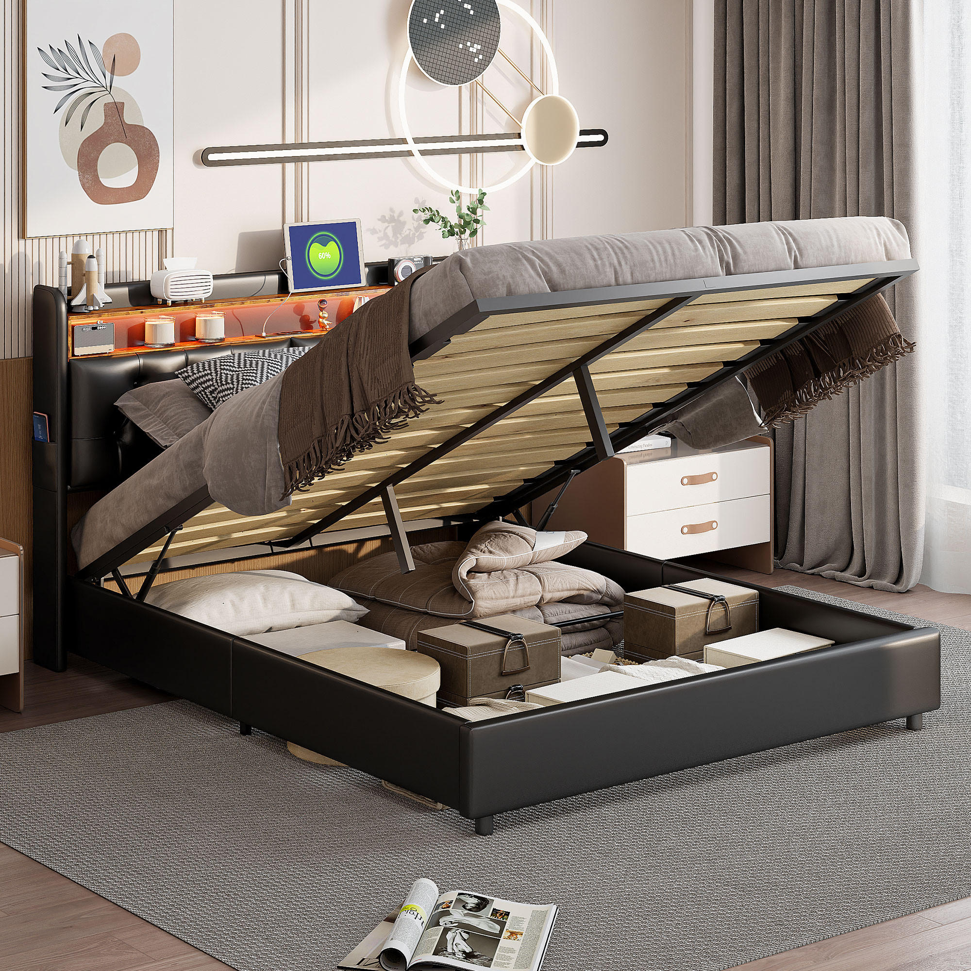 POLSTERBETT 140x200 cm, Schwarz, LED-Beleuchtung und Steckdosen - Schwarz, Textil/Metall (140/200cm)