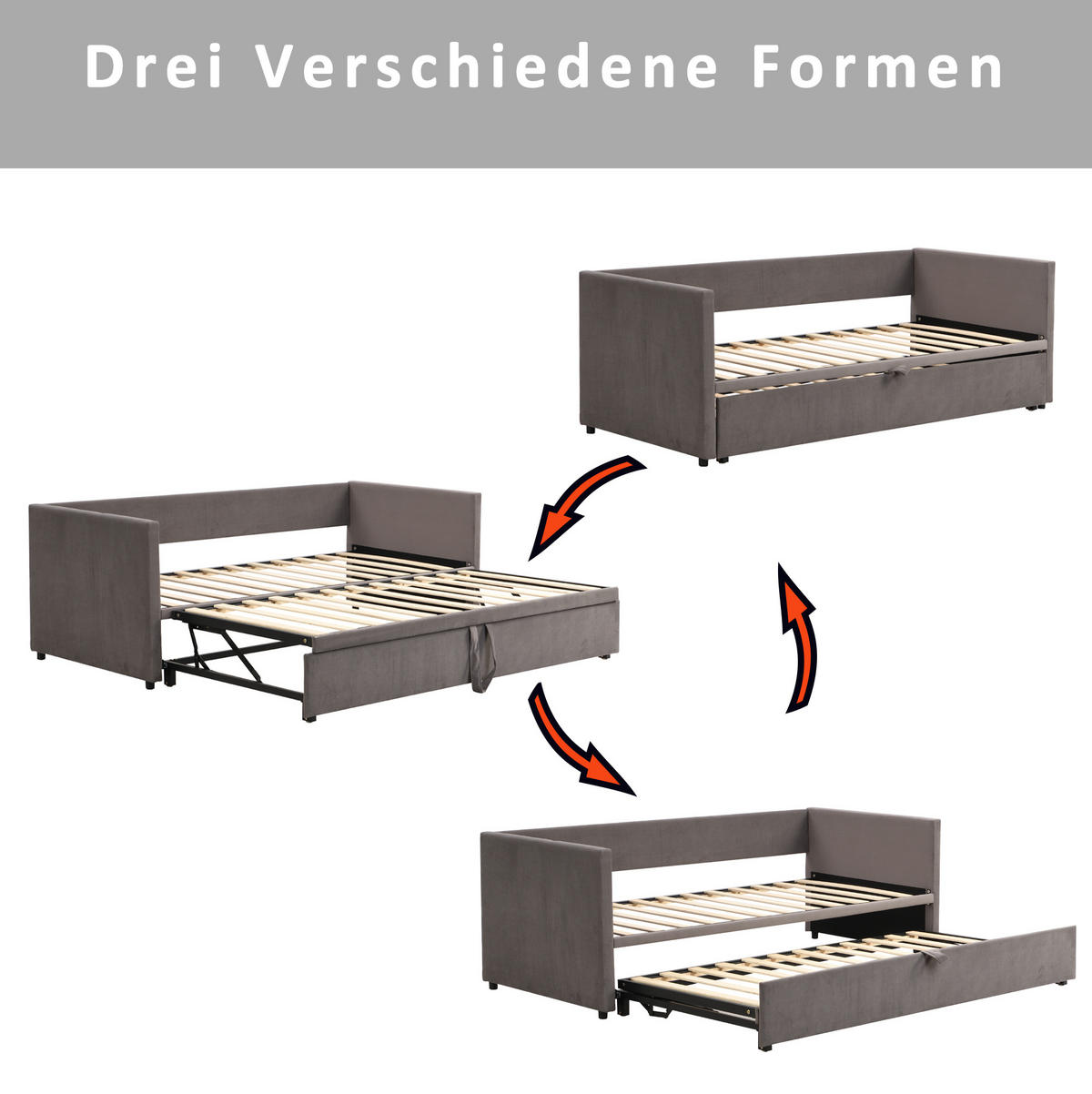 POLSTERBETT 90/200 cm mit Ausziehfunktion auf 180/200 cm und Lattenrost, Samt, Grau - Grau, Textil (90/200cm) - Redom