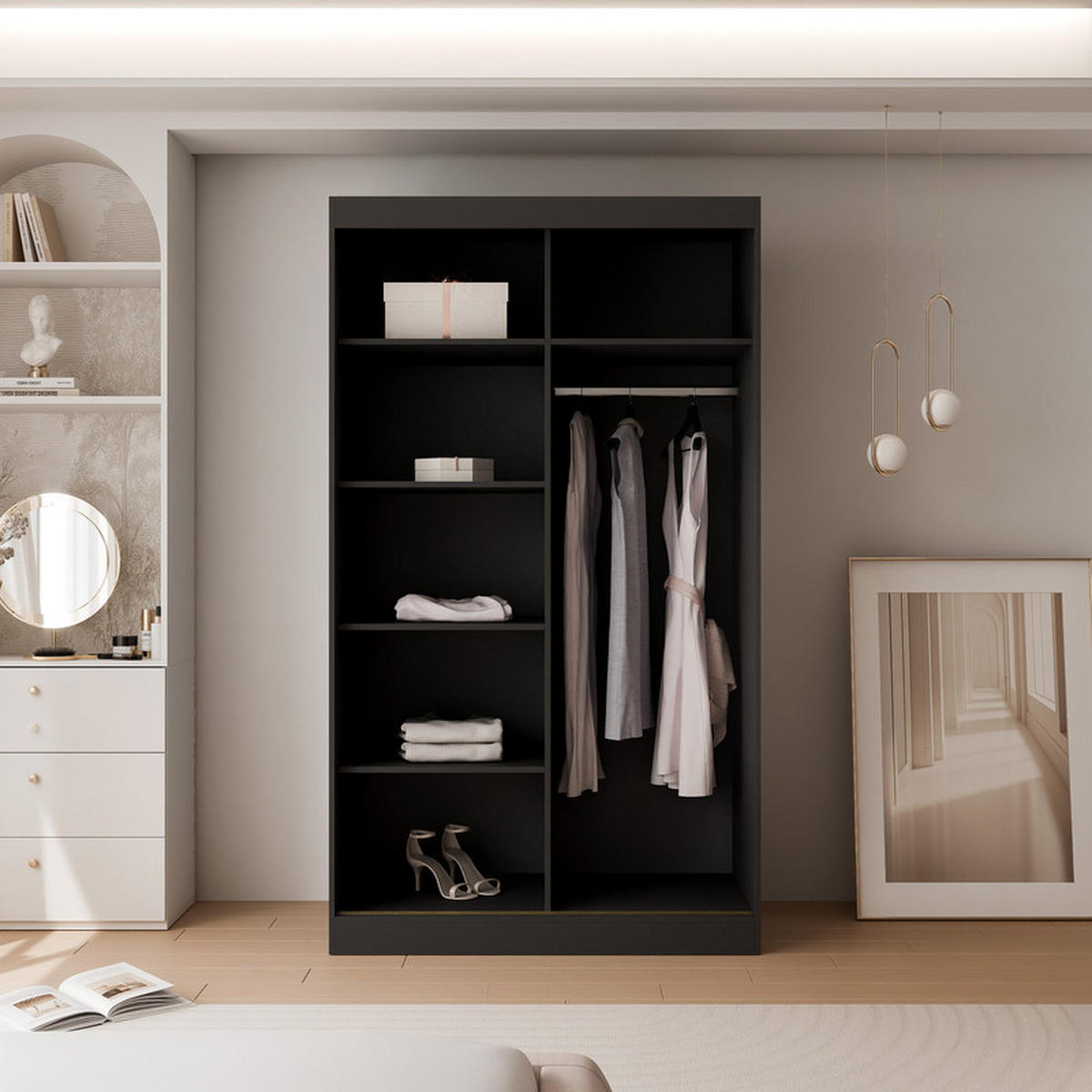 SCHWEBETÜRENSCHRANK CLARITY 2-türig 120/65/215 cm Schwarz / goldene Griffe - Goldfarben/Schwarz, Holzwerkstoff/Kunststoff (120/215/65cm) - Idohome