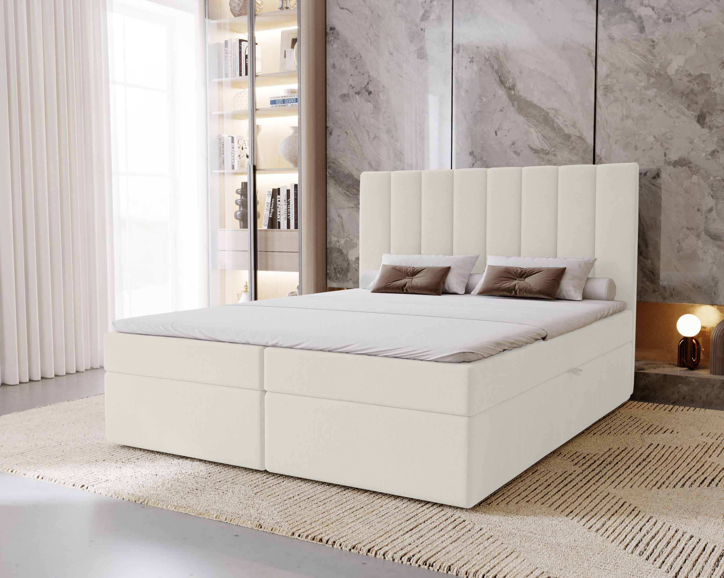 BOXBETT Nero mit 2 Bettkästen, 120x200, Weiß, Velourstoff, Doppelbett mit Bonell-Matratze - Weiß, Holz/Kunststoff (120/200cm) - Marpur