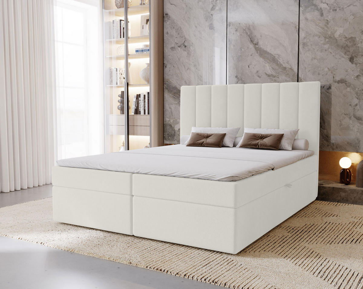 BOXBETT Nero mit 2 Bettkästen, 180x200, Weiß, Velourstoff, Doppelbett mit Bonell-Matratze - Weiß, Holz/Kunststoff (180/200cm) - Marpur