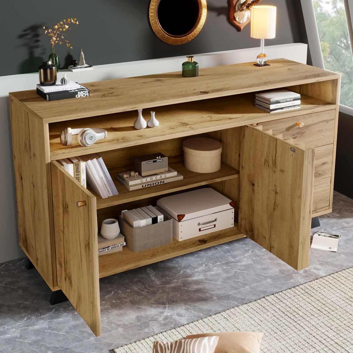 SIDEBOARD mit 3 Schubladen 2 Türen offenem Fach und Lamellenfront Vintage Stil 120/40/85 cm - Eichefarben/Schwarz, Holzwerkstoff (120/85/40cm) - EVRYAE
