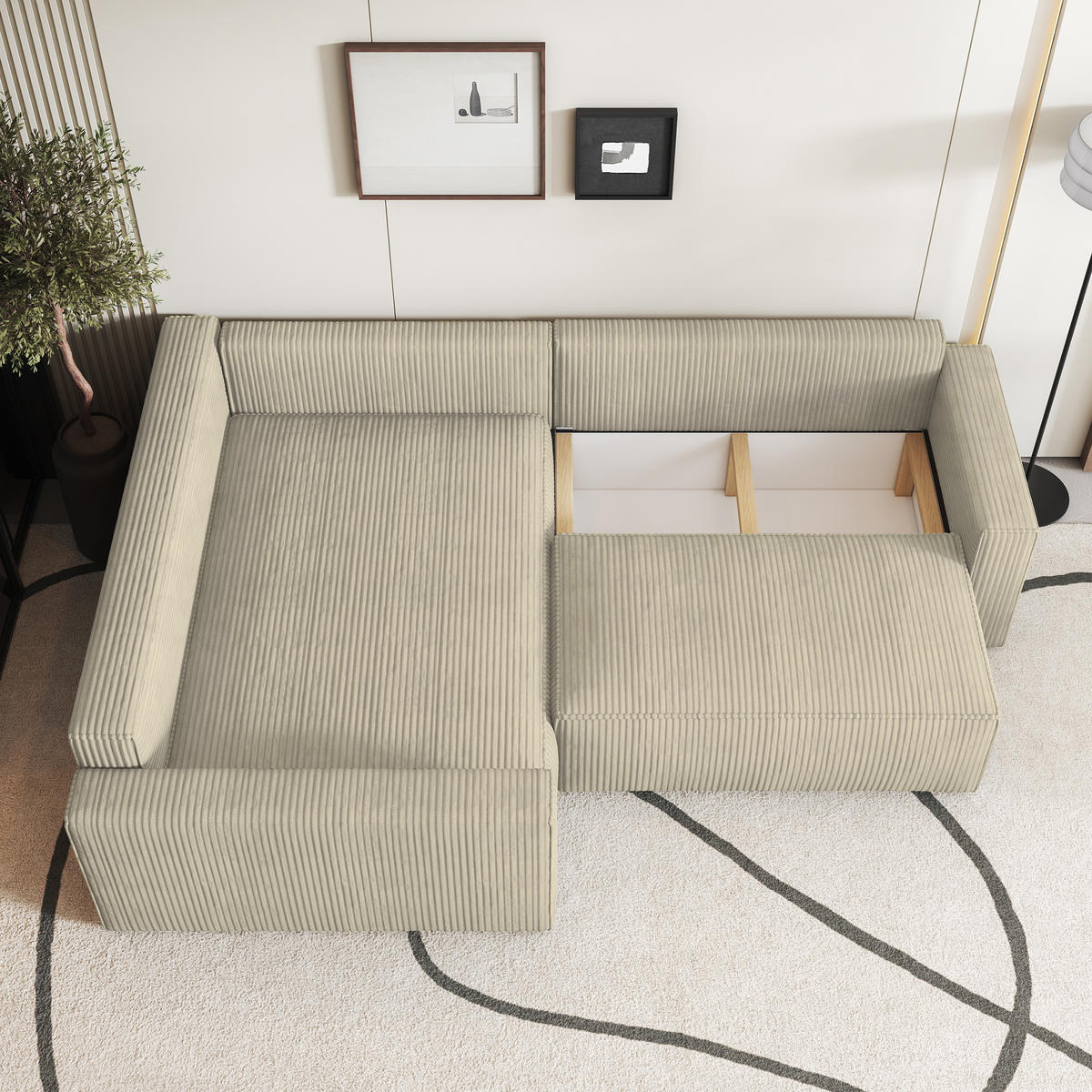 ECKSOFA ERONIS L-S Creme Kordstoff mit Schlaffunktion - Creme, Holz (265/194cm) - MASSENO