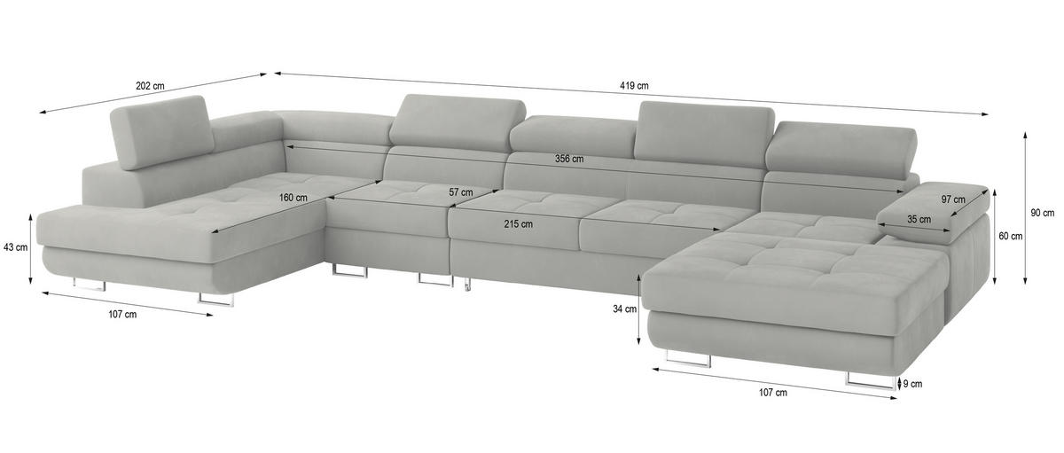 WOHNLANDSCHAFT VELORA L-S Grau Velours-Stoff mit Schlaffunktion - Grau, Holz (419/90/202cm) - MASSENO
