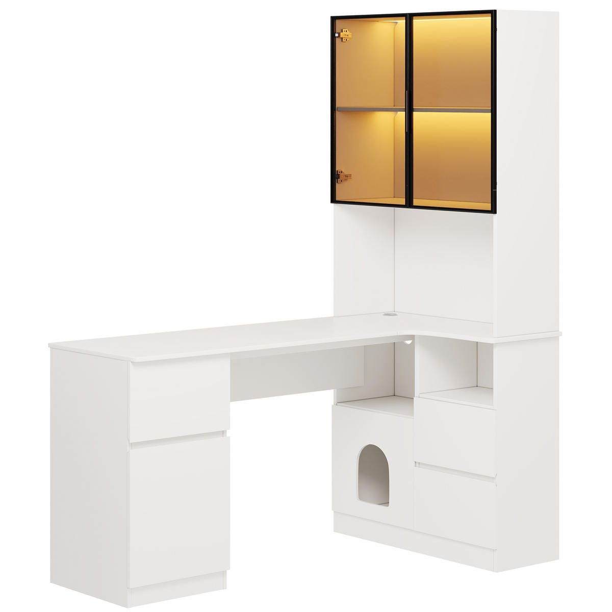 ECKSCHREIBTISCH 120cm LED Regal 3 Schubladen 2 Türen modern - Weiß, Holzwerkstoff (120/80/180cm) - FLIEKS