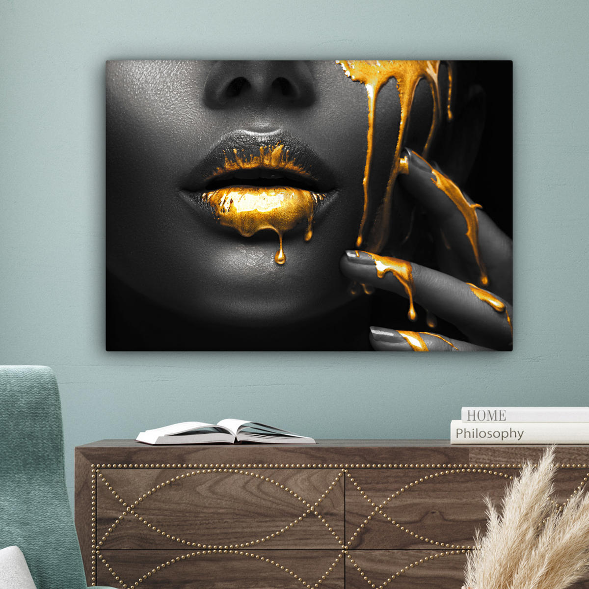 LEINWANDBILD Frau - Schwarz - Gold - Gesicht - Lippen Wandbilder 80x60 cm - Goldfarben, Textil (80/60cm) - MuchoWow