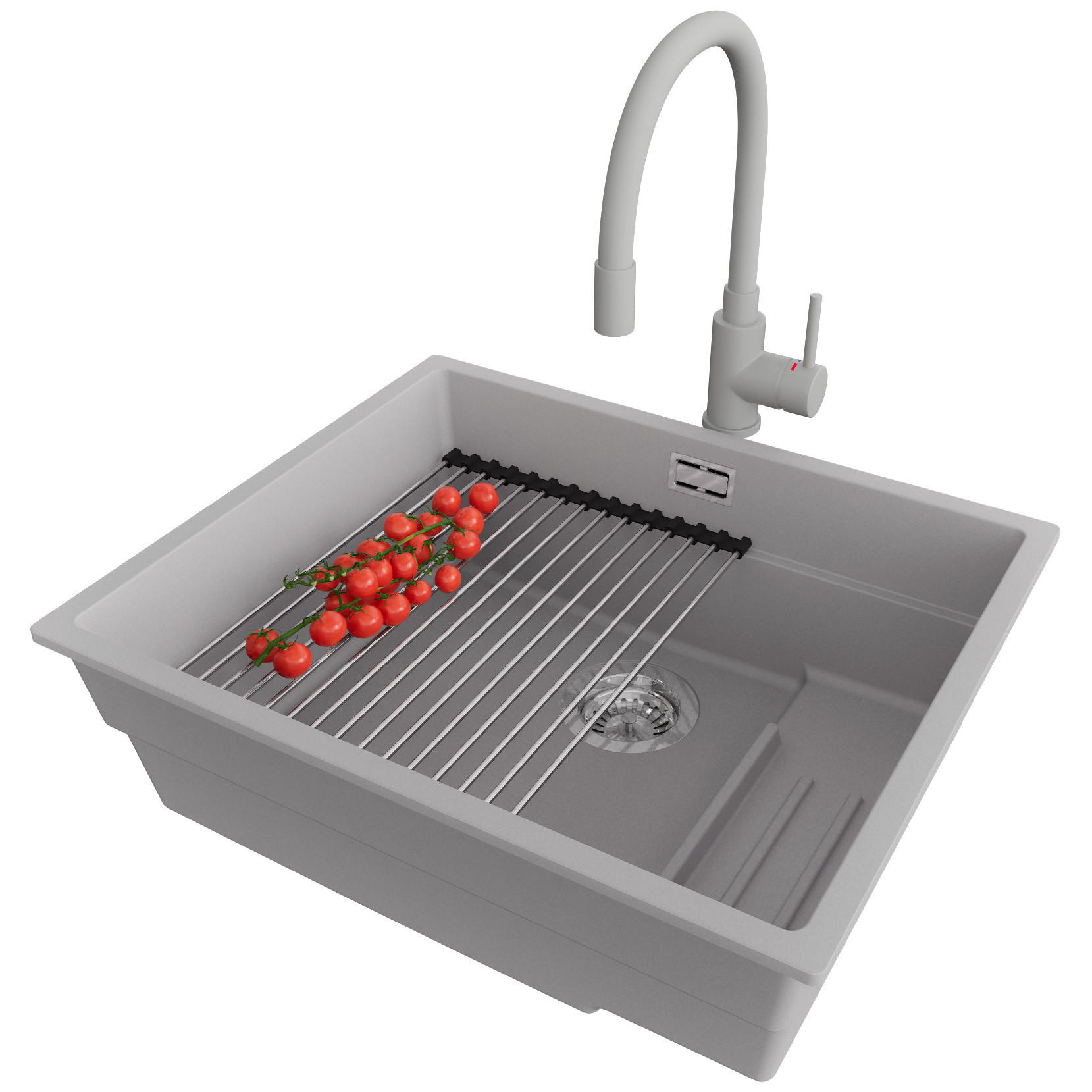 GRANITSPÜLE Praga Slim, 2-er set Grau 56/47 cm 1 Becken + Küchenarmatur 38/14 cm + Ablauf-Set + Aufrollbare Abtropffläche ab 60er Unterschrank - Chromfarben/Grau, Kunststoff (56/20/47cm) - Primagran