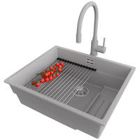 GRANITSPÜLE Praga Slim, 2-er set Grau 56/47 cm 1 Becken + Küchenarmatur 38/14 cm + Ablauf-Set + Aufrollbare Abtropffläche ab 60er Unterschrank - Chromfarben/Grau, Kunststoff (56/20/47cm) - Primagran