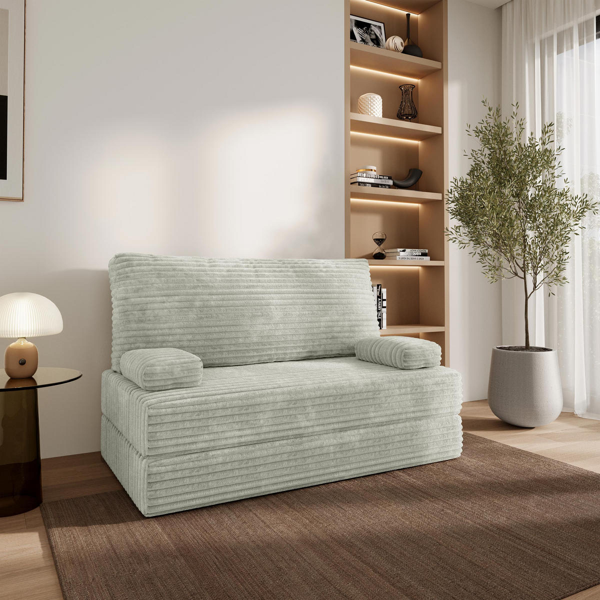 BETTSOFA LADIA aus Schaumstoff Cordstoff Hellgrau Schlaffunktion - Hellgrau, Textil (140/86/60cm) - MASSENO