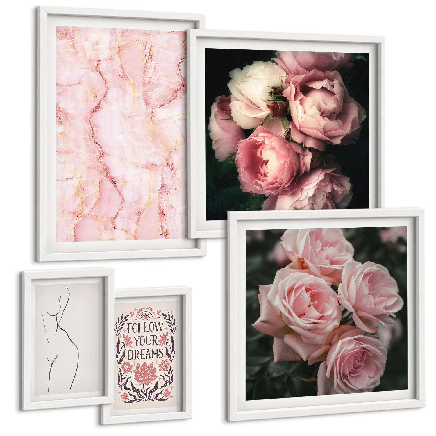 BILDER SET 5er Set - 50x50 cm & 20x30 cm & 40x60 cm Weißer Rahmen - Vintage-Rosen-Marmorträume - Weiß, Kunststoff (40/60cm) - TULUP
