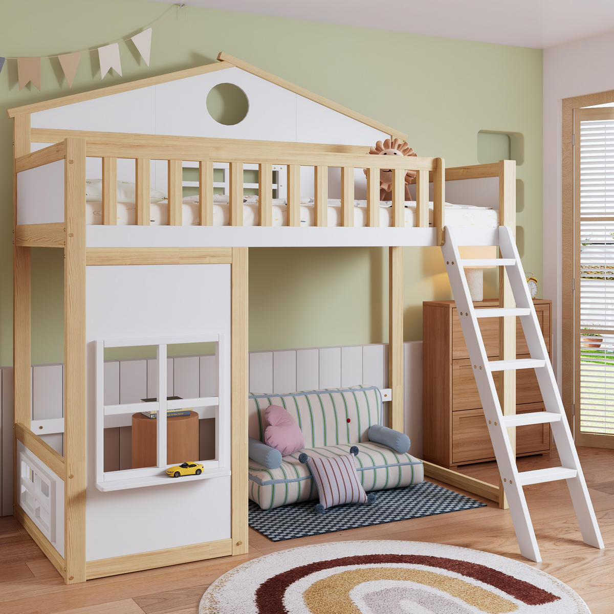 ETAGENBETT 90/200 cm weiß und natur aus Massivholz mit Treppe - Weiß, Holz (90/200cm) - OKWISH