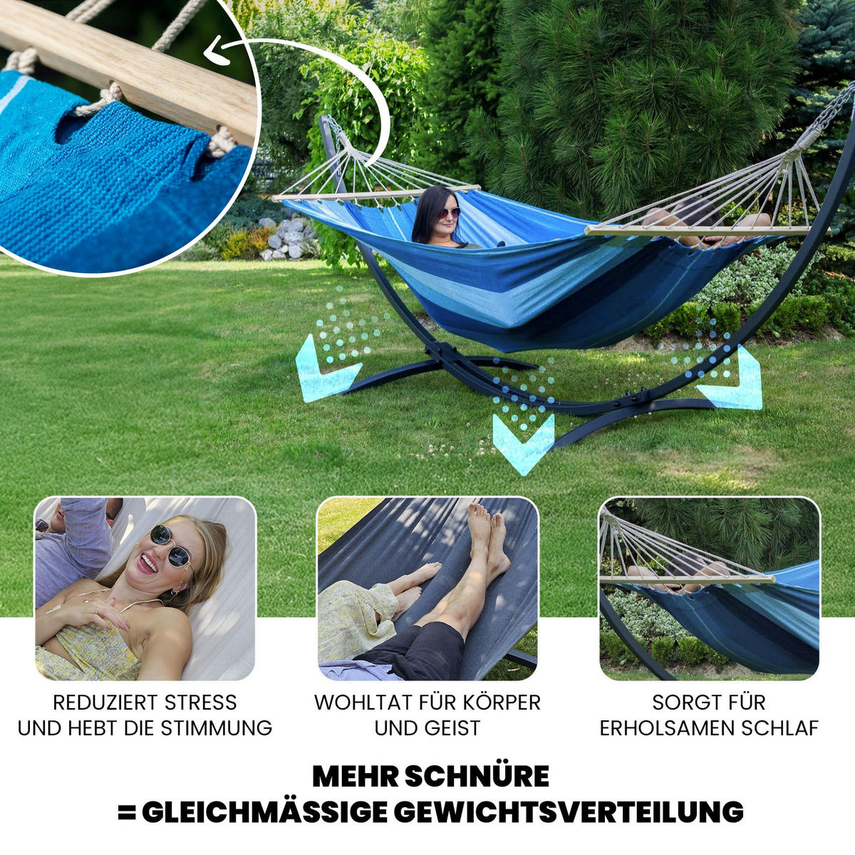 HÄNGEMATTE mit Gestell, 2 Personen, Stabhängematte, XXL, 200 kg, Metall, Braun, einfache Montage - Braun, Metall (370/130/120cm) - Potenza