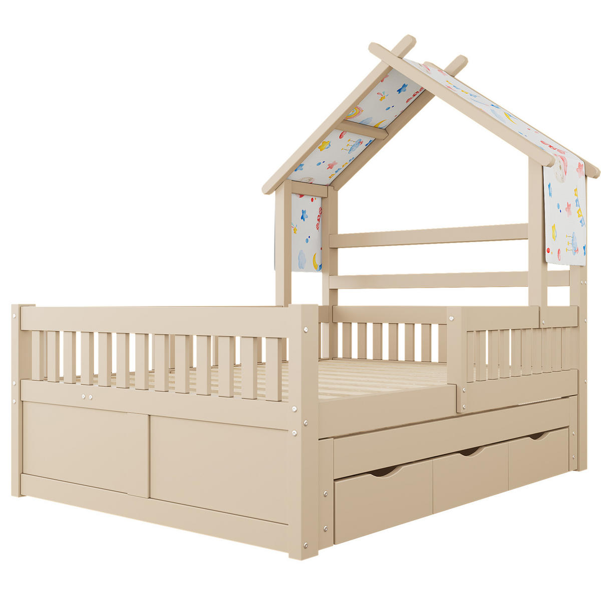 HAUSBETT 140x200 cm in Creme mit Ausziehbett, 3 Schubladen und Schutzgitter - Creme, Holzwerkstoff (140/200cm) - IVMEU