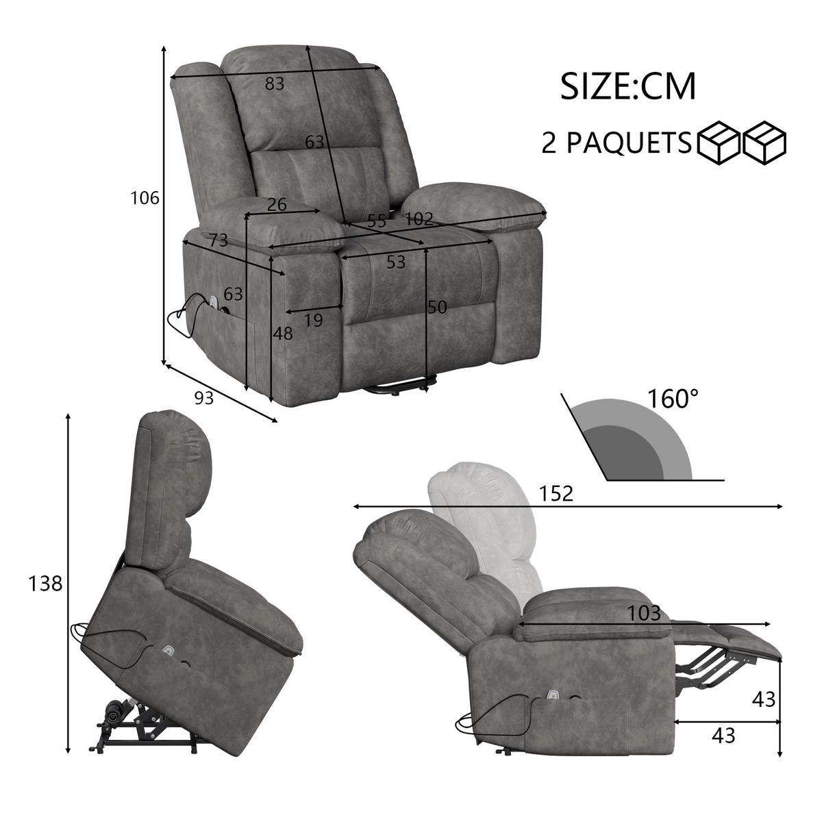 MASSAGESESSEL mit Relaxfunktion, 8 Massagepunkten & 2 Wärmepunkten, Stehhilfe, Fleece-Stoff in grau - Grau, Textil (93/106/102cm) - BRILVERDE