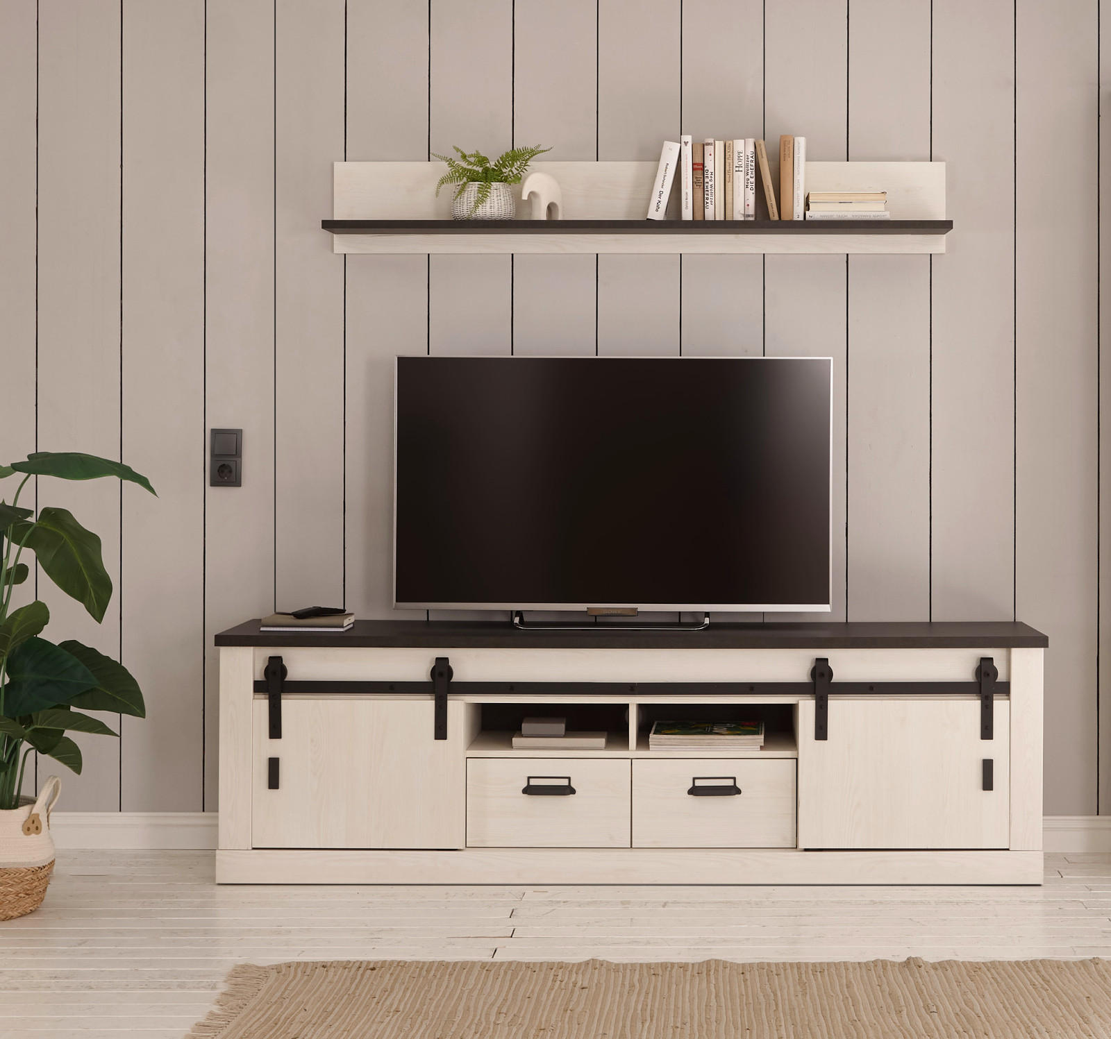 WOHNWAND weiß Pinie, anthrazit Landhaus, Wohnkombination 3-teilig 314 cm - Anthrazit/Weiß, Holzwerkstoff/Metall (272/170/43cm) - Furn.Design