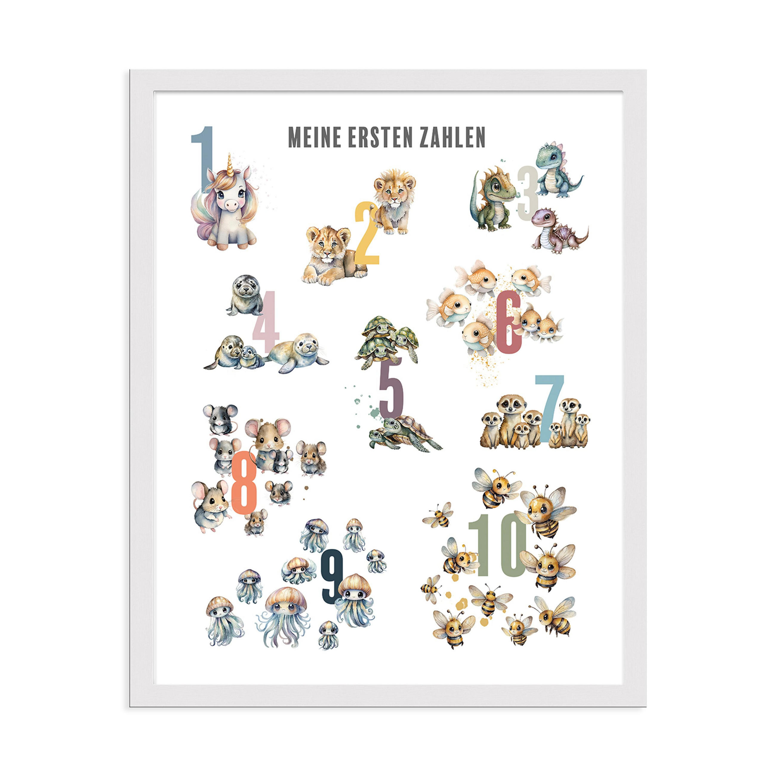 POSTER mit Rahmen 40x50 cm Zahlen Tiere pastell - Multicolor, Holz (41/51/2cm) - artissimo