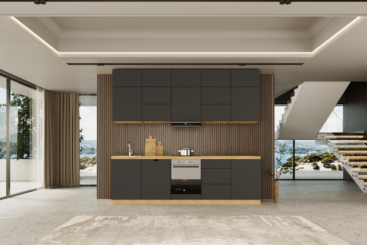 KÜCHENZEILE 300 cm - Langen KL13-M300 - in Grau / Matt - Grau, Holz (300/212/52cm)