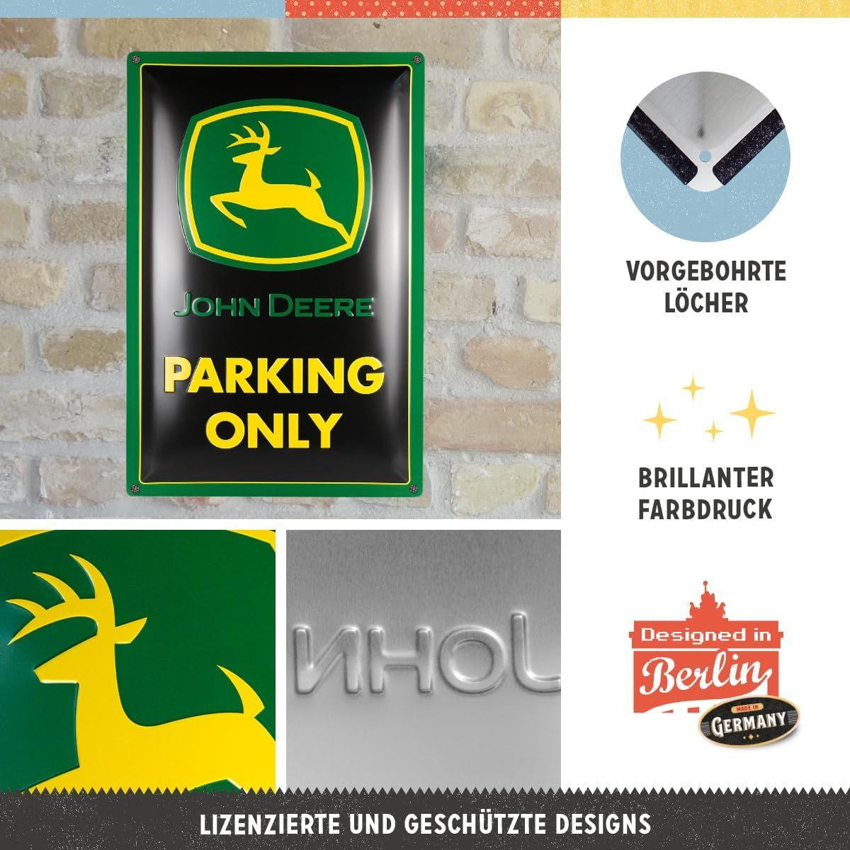 BLECHSCHILD 40/60 cm John Deere Parking Only - Multicolor, Metall (40/60/1cm) - Nostalgic-Art