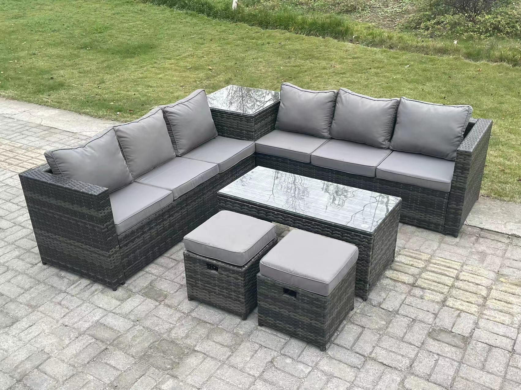 GARTENMÖBELSET mit Couchtisch Polyrattan 6-Sitzer - Dunkelgrau/Grau, Glas/Kunststoff - Fimous