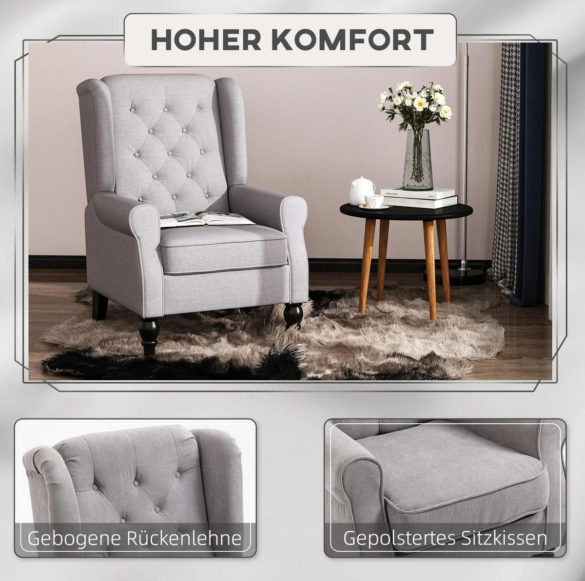 KŘESLO 86/74/102 cm šedé z polyesteru s vysokým opěradlem a knoflíkovým prošíváním - šedá, textil (86/102/74cm) - OKWISH