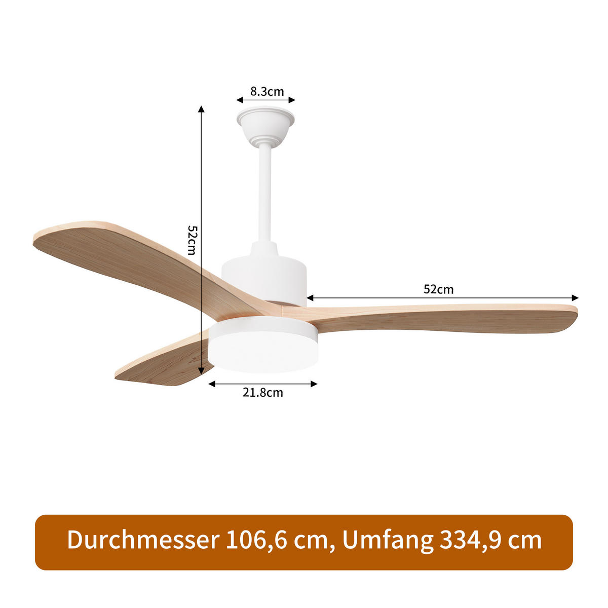 DECKENVENTILATOR mit LED-Licht, 106,6 cm, 3 Holzflügel, 6 Stufen & Timer - Naturfarben, Metall (106.6/106.6/52cm) - EuroLiving