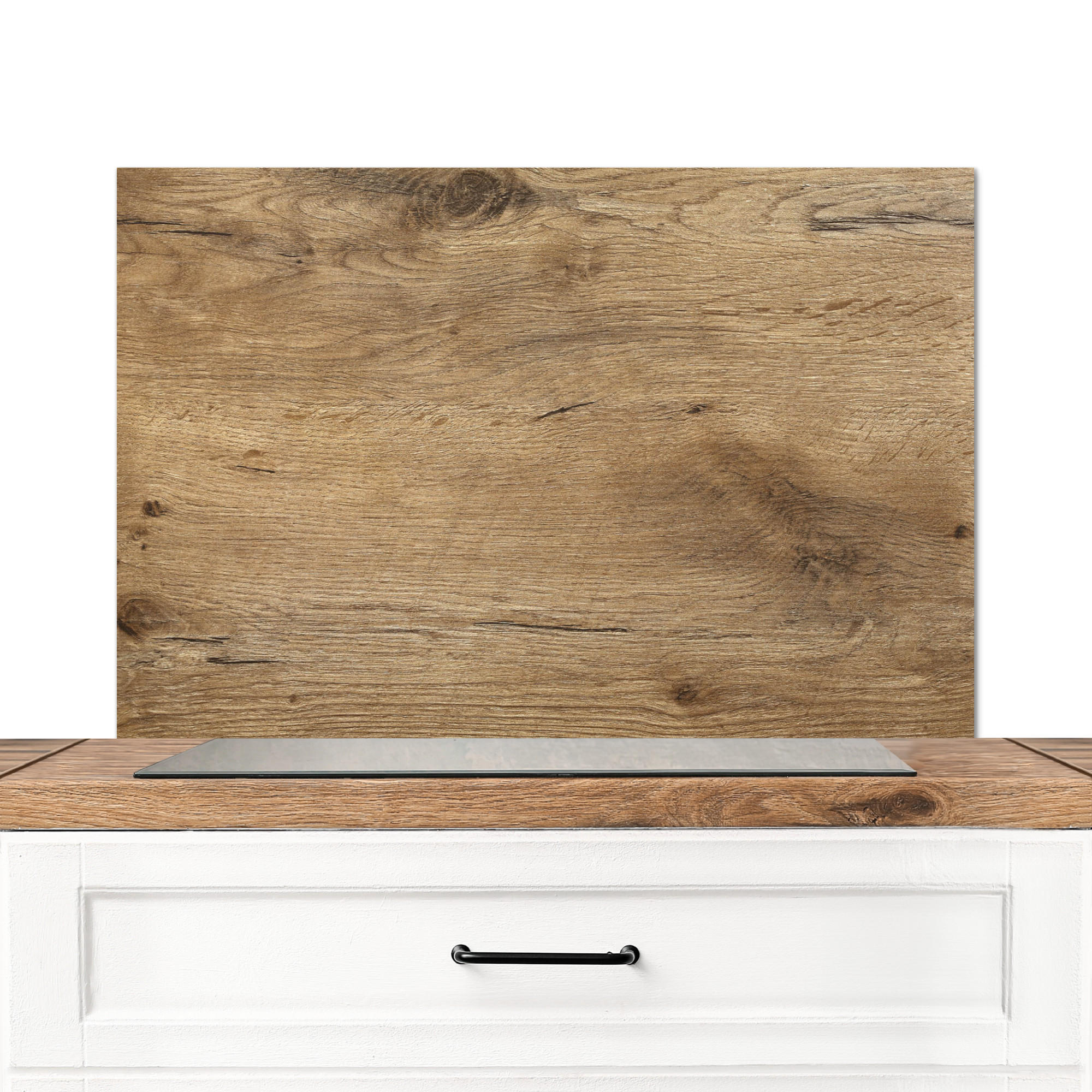 SPRITZSCHUTZ KÜCHE Holz - Braun - Holzoptik 80x55 cm - Eichefarben, Metall (80/0.3/55cm) - MuchoWow