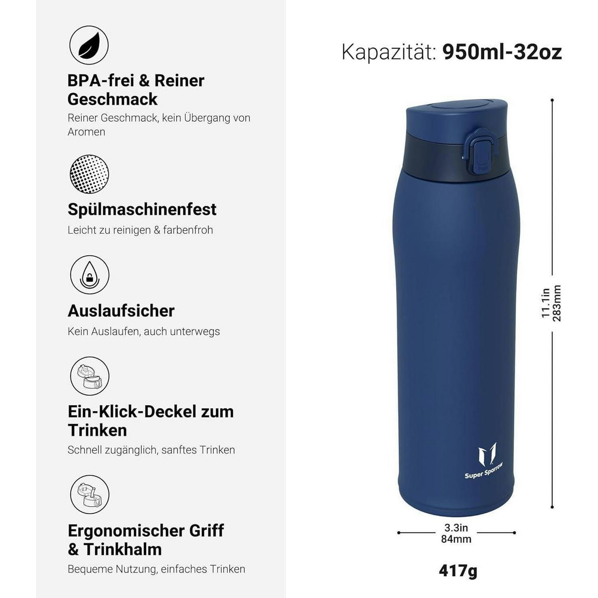 TRINKFLASCHE Edelstahl 950 ml Oxford Blau - Blau, Metall (8.4/8.4cm)