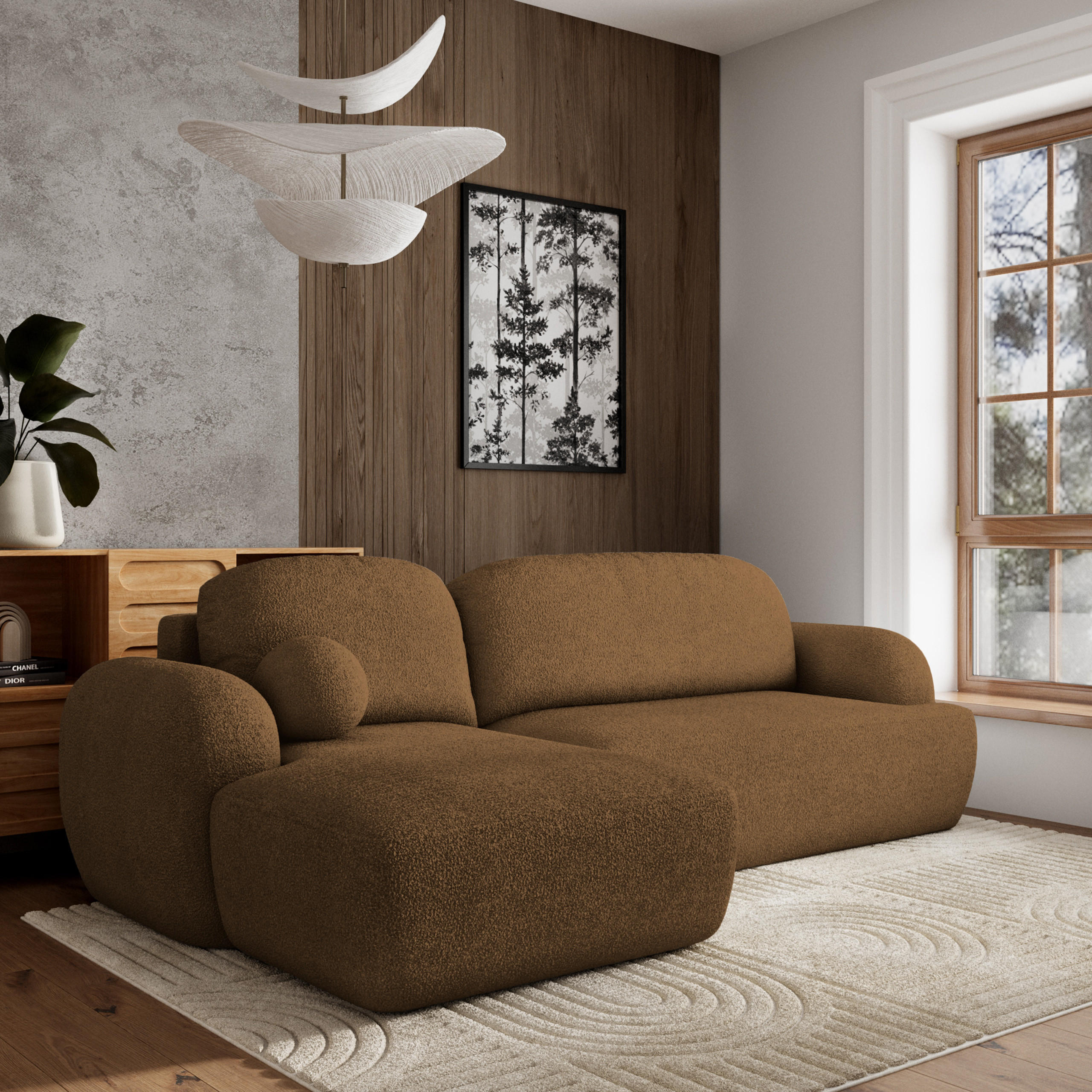 ECKSOFA MODENZA N L-S Braun Boucle-Stoff mit Schlaffunktion - Braun, Holz (266/148cm) - MASSENO