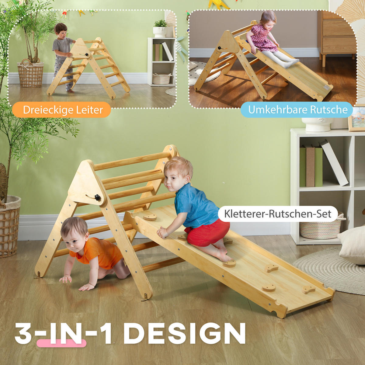2 in 1 Klettergerüst Set mit Rutsche, Kletterdreieck zum Rutschen und Klettern - Naturfarben, Holzwerkstoff (64.5/59/147cm) - AIYAPLAY
