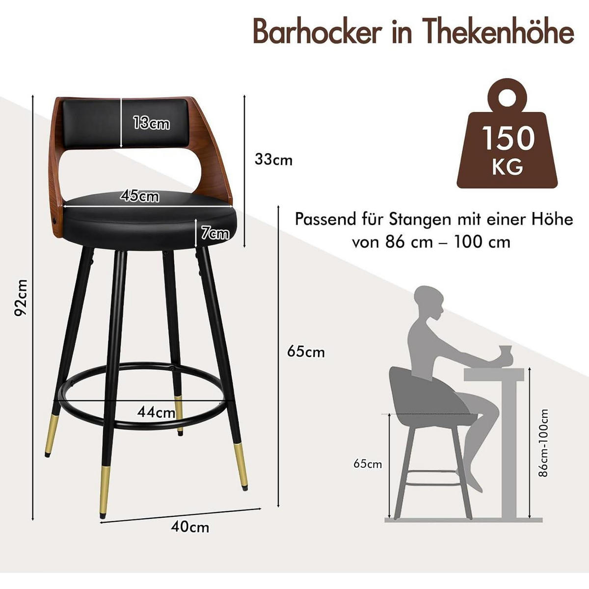 BARHOCKER 2-teiliges Set Holz-Sitz Schwarz 65 cm - Multicolor, Metall (47/92/50cm)