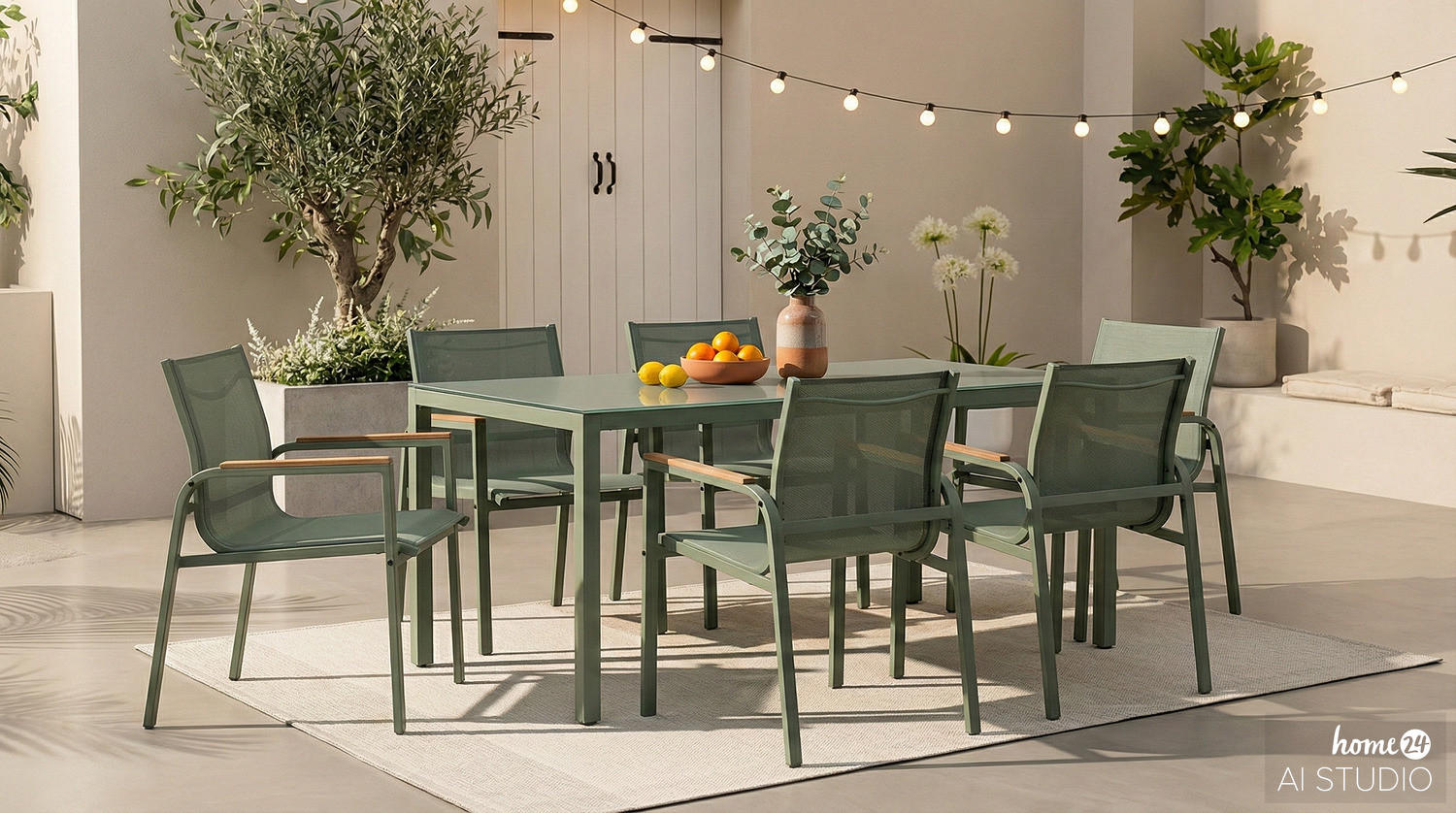 GARTENESSGRUPPE - 7-teilig - Stahl / Glas / Olefin - Salbeigrün, Glas/Textil - home24