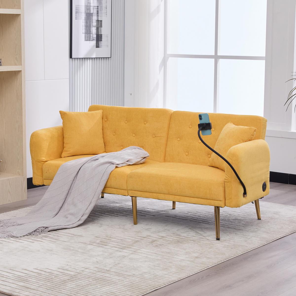 SCHLAFSOFA 2-Sitzer Chenille mit 3-fach verstellbarer Rückenlehne und USB-Anschluss Gelb 173/78/78 cm - Gelb, Textil (78/78/173cm)