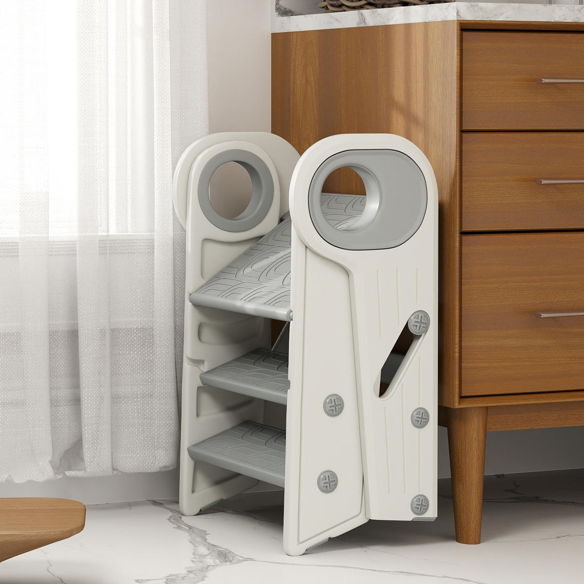 KINDERTRITTHOCKER DE-17237 3-fach höhenverstellbar & klappbar Grau - Grau, Naturmaterialien (47/61.5/46.5cm) - ComfortXL