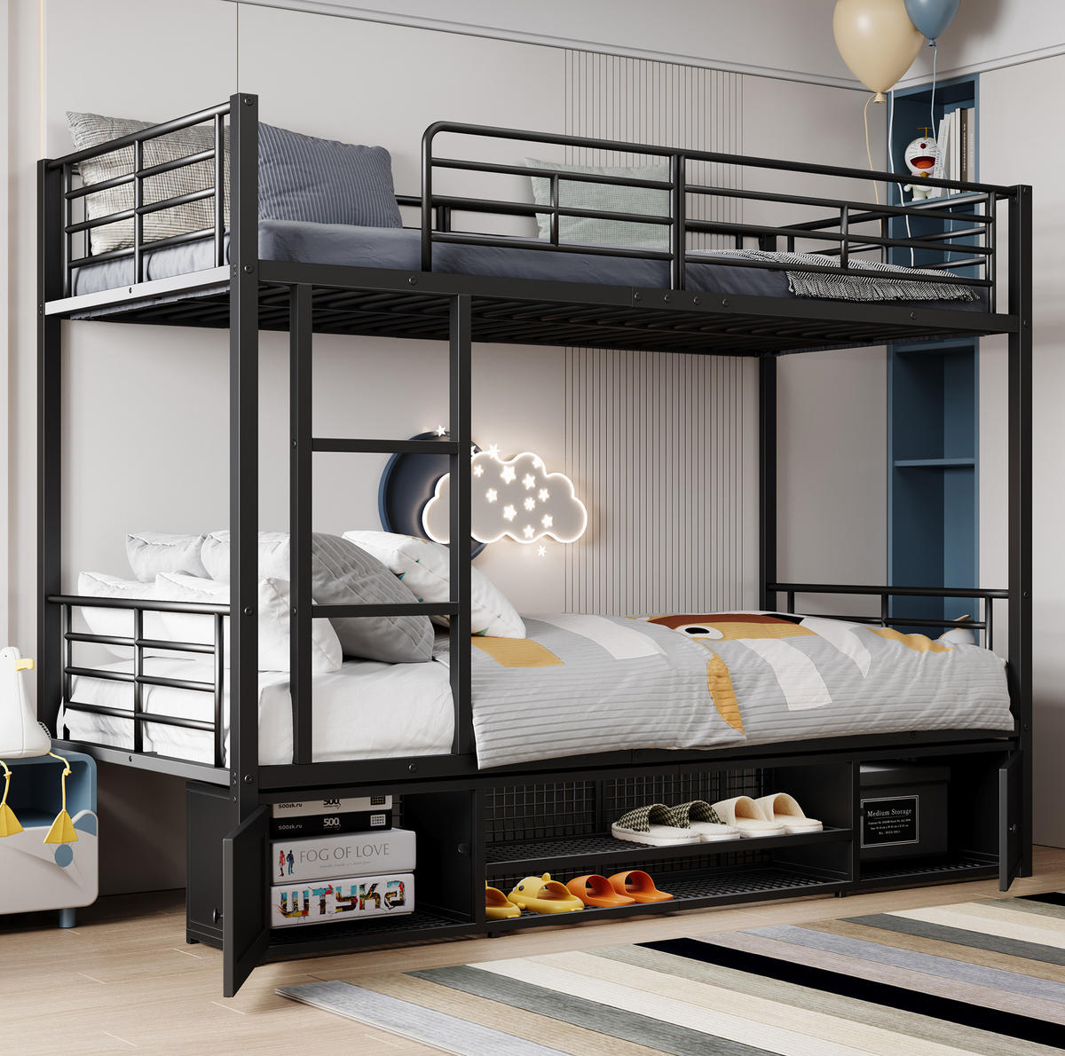 ETAGENBETT 90/200 cm aus Metall mit Schuhablage und 2 Türen in Schwarz - Schwarz, Metall (90/200cm) - BEAOK