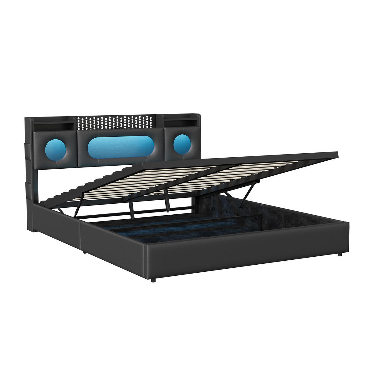 POLSTERBETT 140/200 cm Schwarz mit hydraulischem Stauraum, LED-Kopfteil mit Ablage und USB-Anschluss - Schwarz, Metall (140/200cm) - EuroLiving