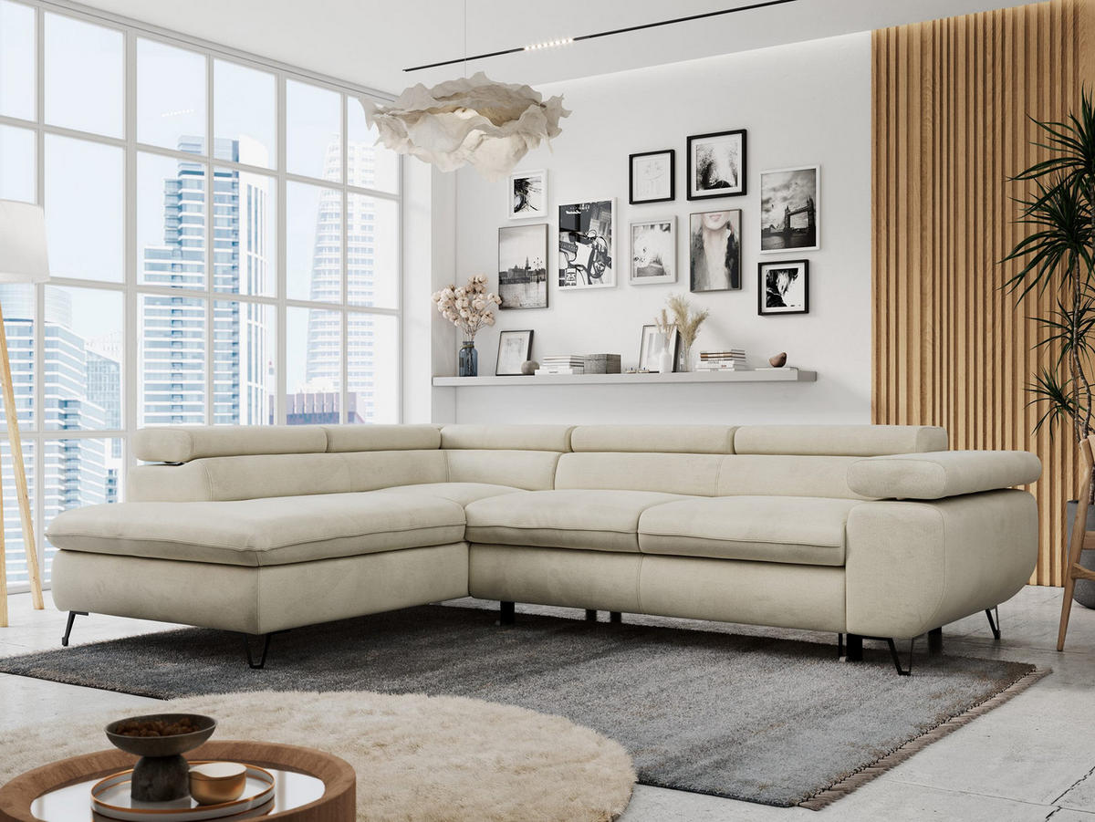 ECKSOFA PETER L Beige Velvet - Links Seite - Beige/Schwarz, Textil/Metall (208/273cm) - MKS
