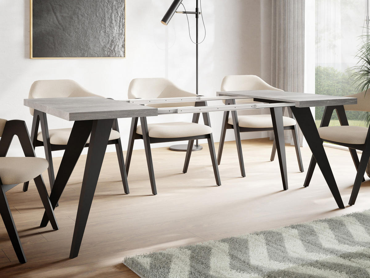 ESSTISCH Quadro quadratischer ausziehbarer, Grauer Beton 100-200/100/76 cm - Hellgrau/Schwarz, Holz/Holzwerkstoff (100/100/76cm) - WFL GROUP