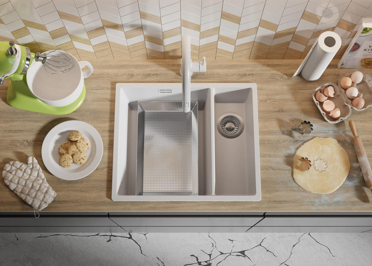 SPÜLBECKEN London Slim Duo, 2-er set Alles Weiß 56/47 cm 1,5 Becken + Ablauf-Set ab 60er Unterschrank - Weiß, Kunststoff (56/20/47cm) - Primagran