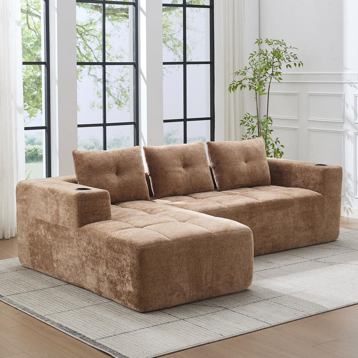 ECKSOFA 5-Sitzer Polyester Hellbraun mit Becherhaltern - Hellbraun, Textil (258/163cm) - WISHDOR
