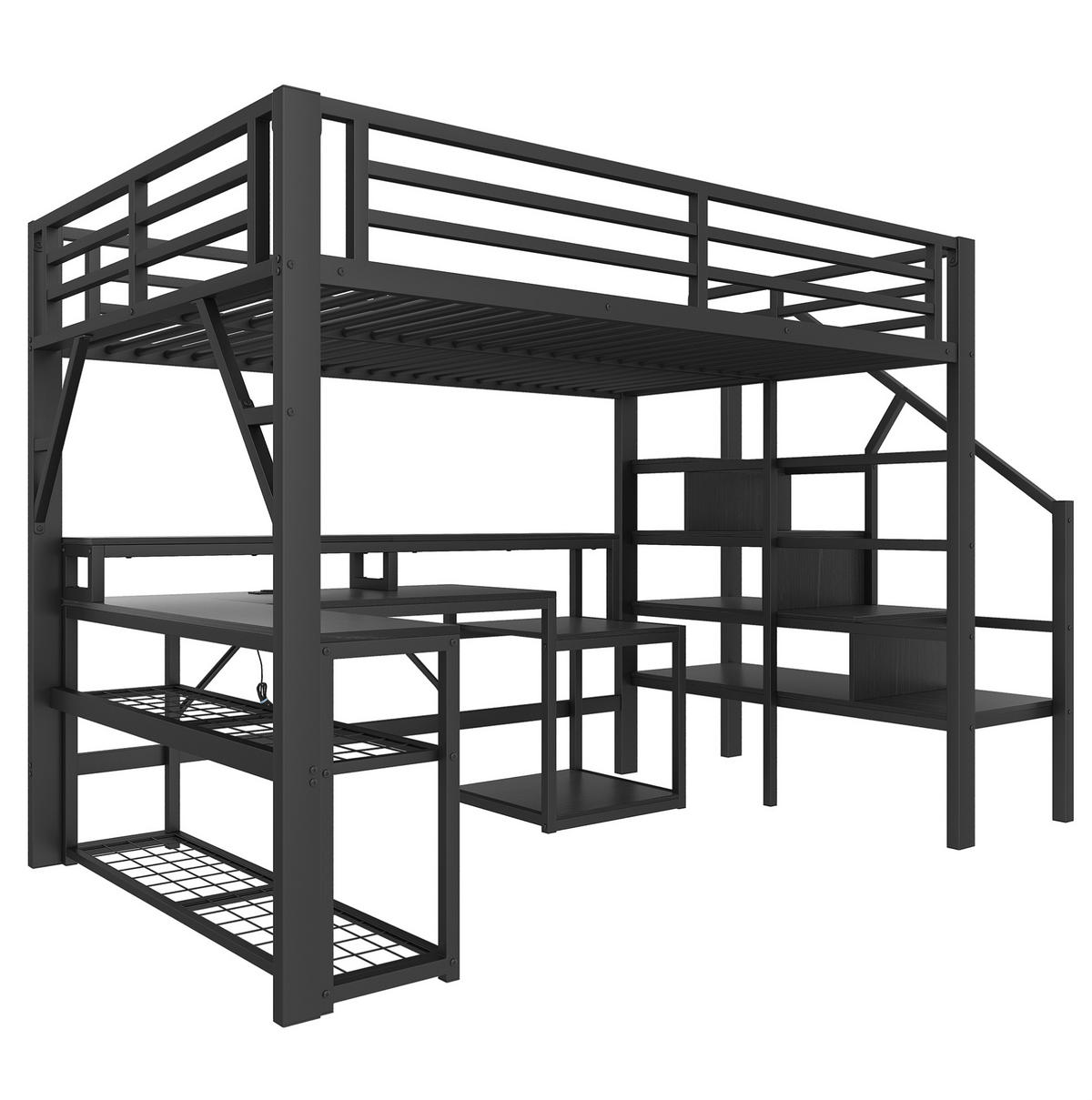 HOCHBETT 140/200 cm in Schwarz – mit Schreibtisch, LED und Stauraumtreppe - Schwarz, Metall (140/200cm) - BEAOK