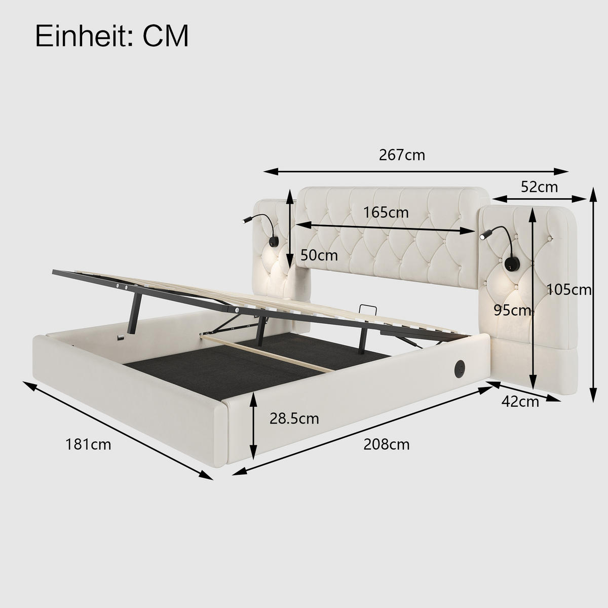 BOXBETT Polsterbett 180x200cm mit Bettkasten & Lattenrost, Samt Doppelbett mit Leselampe, USB, Verlängertes Kopfteil, Beige - Beige, Holz/Textil (180/200cm) - LVHOM