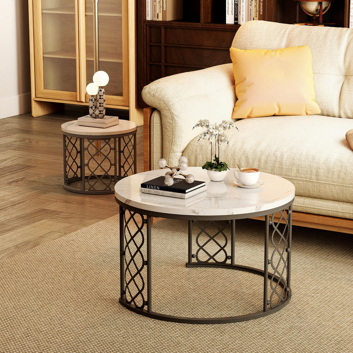 COUCHTISCH 2-teiliges Set 70/70/45 cm und 45/45/37 cm Weiß und Schwarz Stapelbar mit Stahlrahmen - Weiß, Holzwerkstoff (70/70/45cm) - OKWISH