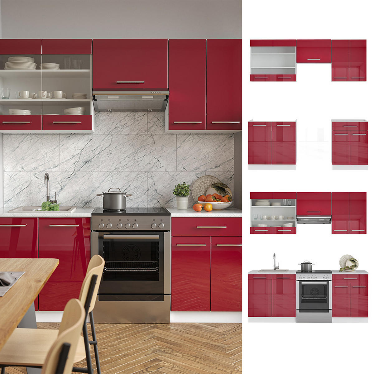 KÜCHENZEILE Fame-Line Bordeaux Hochglanz/Weiß 200 cm, AP Eiche - Bordeaux/Weiß, Holzwerkstoff (200/81.6/60cm) - Vicco