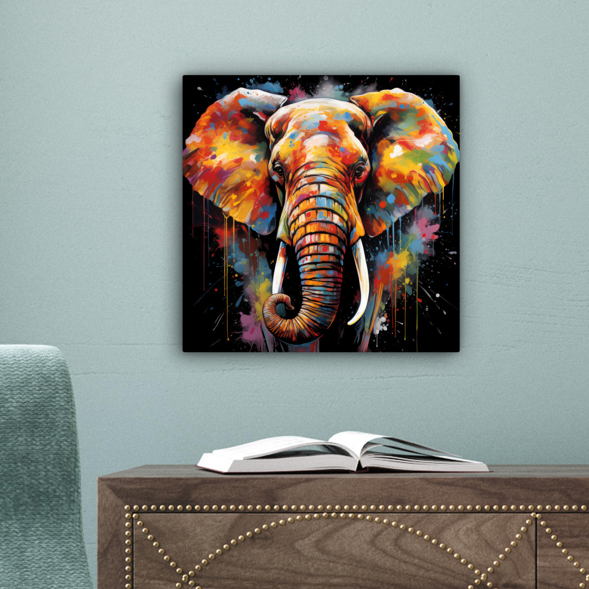 LEINWANDBILD Elefant - Graffiti - Schwarz - Tiere - Farben 20x20 cm - Schwarz, Textil (20/20cm) - MuchoWow