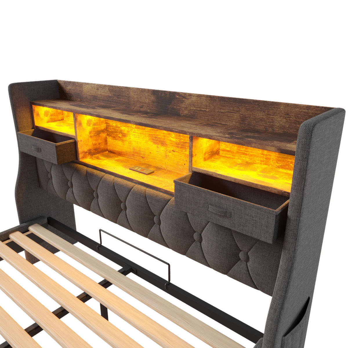 BETT mit LED, Ladestation und Stauraum 140x200 cm Leinen Grau - Grau, Holz (140/200cm) - Meubliv