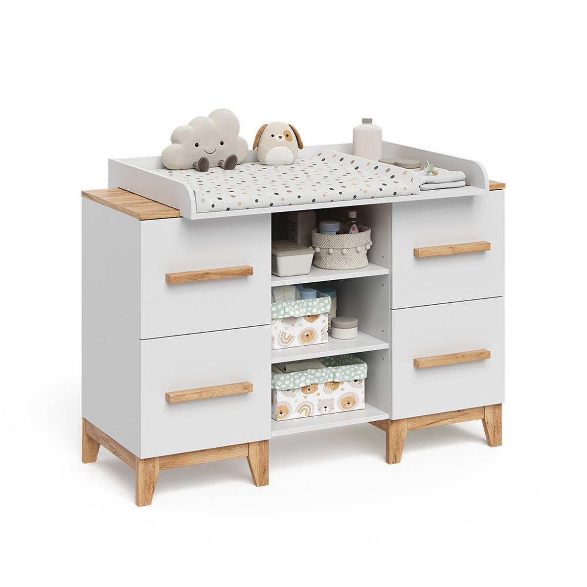 WICKELKOMMODE Malia Weiß/Artisan 133 x 98 cm XL mit 4 Schubladen - Hellgrau/Weiß, Holzwerkstoff (133/98/70cm) - VitaliSpa